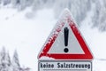 Snowy sign Attention no salt dispersion Royalty Free Stock Photo