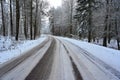 snowy and slippery road through forest near Kumla Sweden