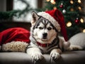 Snowy Snuggles: Husky Wearing Santa Hat for Cozy Holidays