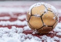 Snowy soccer ball on winter field