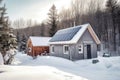 snowy solar panels on a tiny house, off-grid living Royalty Free Stock Photo