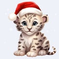 Snowy Spots and Santa Hats: Cute Christmas Snow Leopard Watercolor Clipart - Isolated on White Background - Generative AI Royalty Free Stock Photo