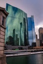 Snowy spring morning in colorful Chicago during rush hour