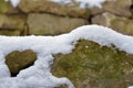 Snowy stone wall. Stones covered with snow. Royalty Free Stock Photo