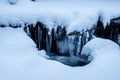 Snowy stream frozen water closeup