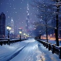 A snowy street with cityscape in the background under a freezing sky Royalty Free Stock Photo