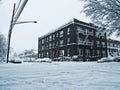 Snowy street corner.