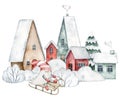 Snowy street with Cute Scandinavian gnome in a striped hat sledding, houses with snow on the roof and spruce tree Royalty Free Stock Photo