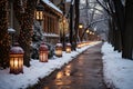 a snowy street with lanterns and christmas lights Royalty Free Stock Photo