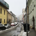Snowy street of Bratislava in Slovakia