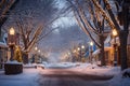 A snowy street in a small town is lined with Christmas trees decorated with colourful lights.