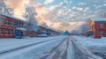 A snowy street with a train track in the middle Royalty Free Stock Photo