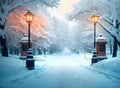 snowy street in winter with street lamp ai generated Royalty Free Stock Photo