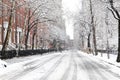 Snowy streets and sidewalks along Washington Square Park during a winter blizzard in New York City Royalty Free Stock Photo