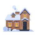 Snowy Suburban House, Rural Wooden Winter Cottage with Smoking Chimney Vector Illustration