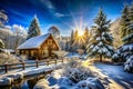 Snowy Sunrise Cabin in Winter Forest Royalty Free Stock Photo