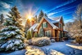Snowy Sunrise Home in Winter Woods Royalty Free Stock Photo