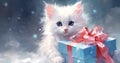 Snowy Surprise: Adorable White Kitten with a Festive Gift in the Sty