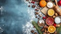 A snowy tabletop sprinkled with festive ingredients awaits holiday baking magic Royalty Free Stock Photo
