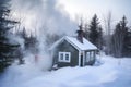 a snowy tiny home with smoke coming out of chimney