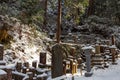 Graves under the snow in Okunoin Cemetery, Koyasan in the mount Koya region, UNESCO World Heritage, Wakayama prefecture, Japan Royalty Free Stock Photo