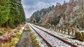 First Snow on a Rural Railway Track Through the Forest Royalty Free Stock Photo