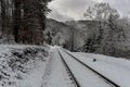 Snowy train tracks leading through the forest Royalty Free Stock Photo