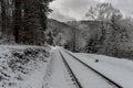 Snowy train tracks leading through the forest