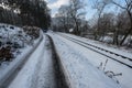 Snowy train tracks leading through the forest