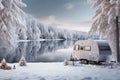 Snowy Tranquility - Lifelike Image of a Winter Forest and Frozen Lake. Generative by Ai Royalty Free Stock Photo