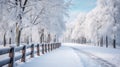 Snowy trees and fence along winter road covered in thick snow