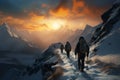 Snowy trek Hikers with backpacks traverse snowy mountains at sunset