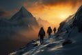Snowy trek Hikers with backpacks traverse snowy mountains at sunset