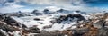 A Snowy Tundra With Icy Caves Panoramic Background. Generative AI