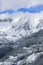 Snowy view of Angliru and the town of muriellos Royalty Free Stock Photo