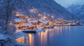 Snowy Village Lights Lakeside Winter Scene Royalty Free Stock Photo