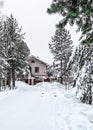 Snowy village: road, house and trees Royalty Free Stock Photo