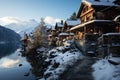 Snowy village under a clear night sky photo - stock photography concepts