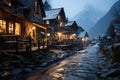 Snowy village under a clear night sky photo - stock photography concepts