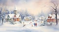 Snowy vintage Christmas village, a winter landscape capturing holiday charm. Ideal for Christmas cards. Generative AI