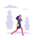 Snowy walking day. Winter weather, woman going with bag. Sad female character, tired girl. Outdoor time vector Royalty Free Stock Photo
