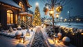 A snowy walkway leading to a beautifully decorated Christmas tree, with outdoor decorations like lanterns and ribbons adding to