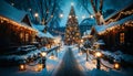 A snowy walkway leading to a beautifully decorated Christmas tree, with outdoor decorations like lanterns and ribbons adding to