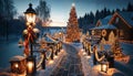 A snowy walkway leading to a beautifully decorated Christmas tree, with outdoor decorations like lanterns and ribbons adding to