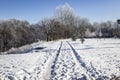 A snowy way. Winter background. A road in the trees. Amazing winter. A snowy trees, a car tracks, footsteps in snow Royalty Free Stock Photo