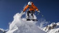 Snowy white mountains under blue sky, ski resort.