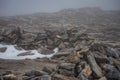 Snowy wind and fog on Maroma peak in thunderstorm day