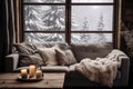 snowy window view with a cozy couch