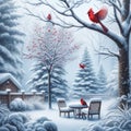 Snowy Winter Backyard scene with Cardinals Flaying and fresh Snow on the Trees and Ground