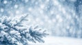 Snowy Winter christmas background with copy space. Fir tree branch covered with snow. AI generative Royalty Free Stock Photo